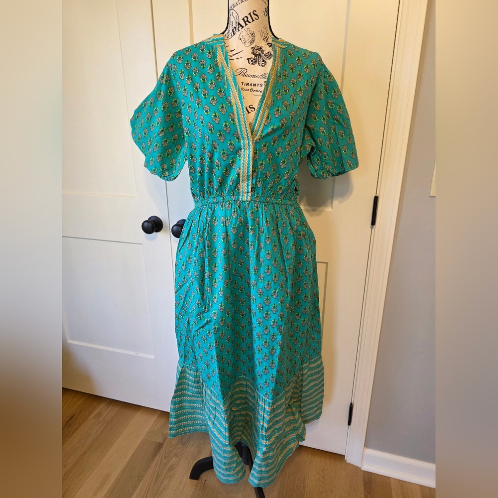 THML Teal Printed Midi Dress with Gold Trim